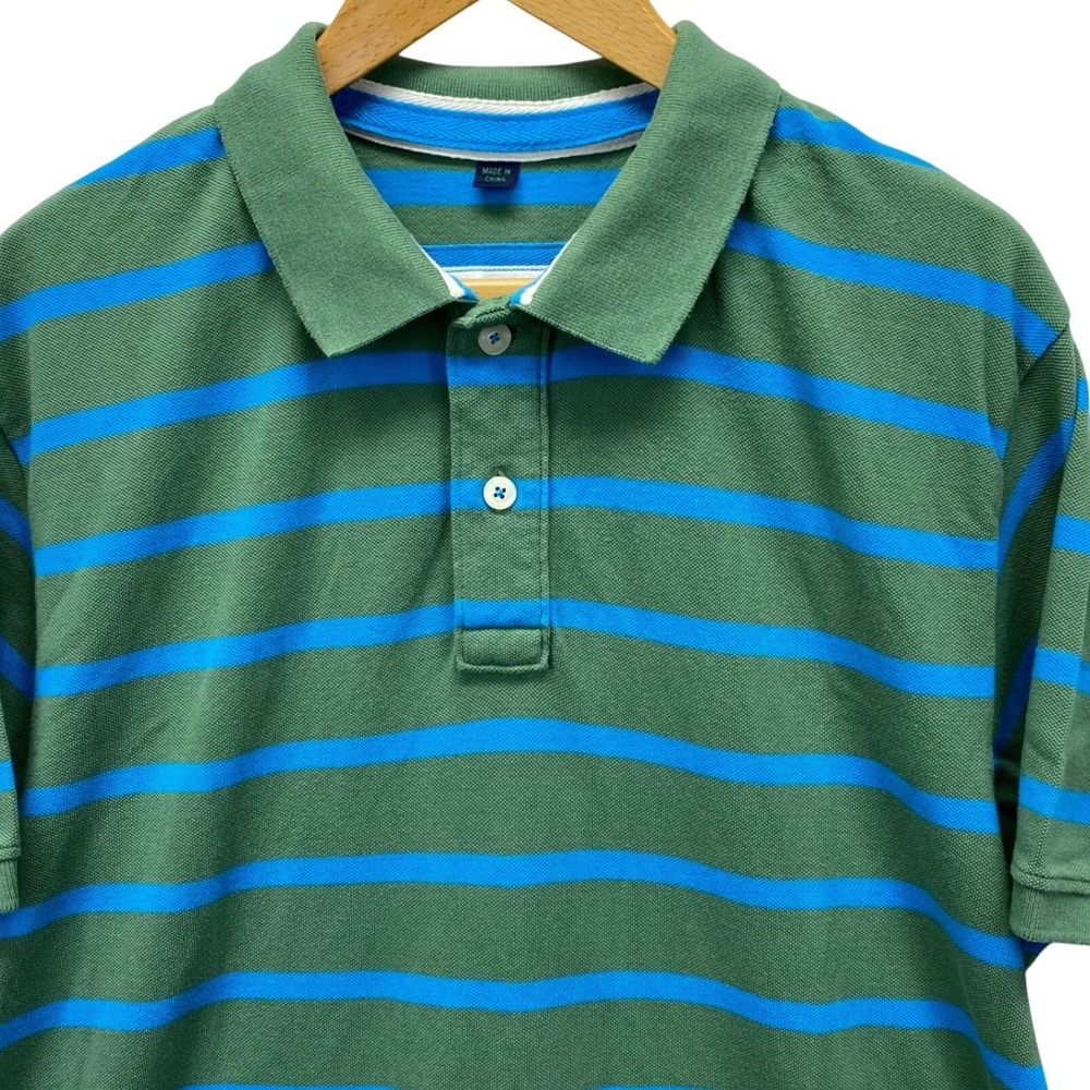 Boden Mens Polo Shirt Large Green Blue Striped Short Sleeve Cotton Rugby Preppy